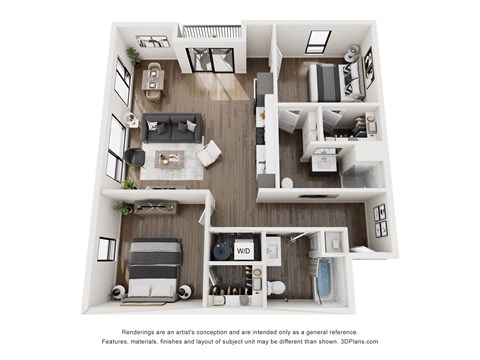 Floor plan for 2 beds, 2 baths, 1051 sqft